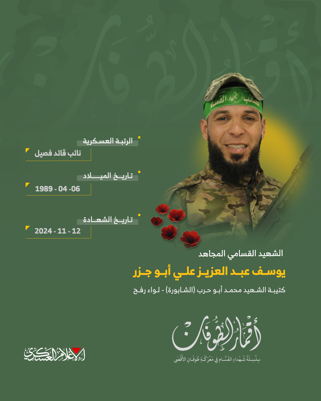 الشهيد القسامي المجاهد/ يوسف عبد العزيز أبو جزر 